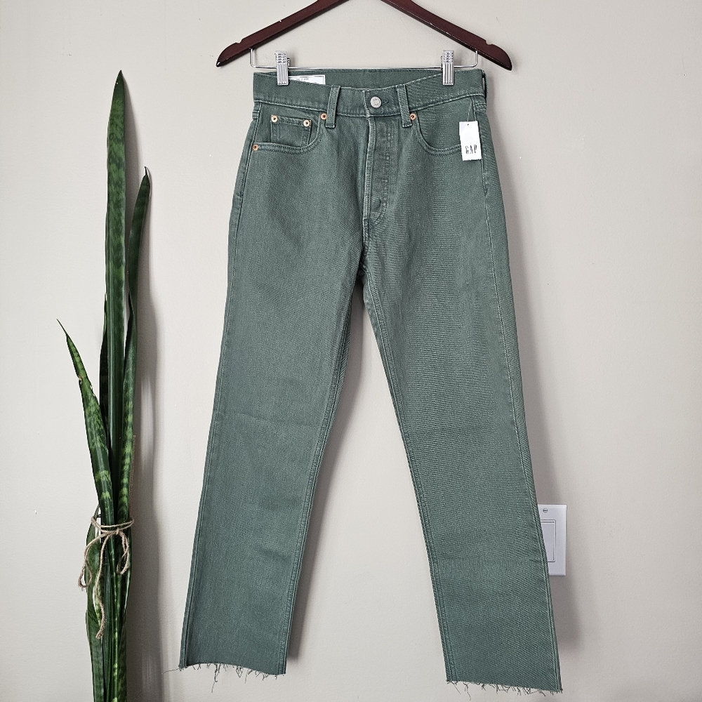 Sage Green Cheeky Straight High Rise Raw Hem Denim Jeans - GAP